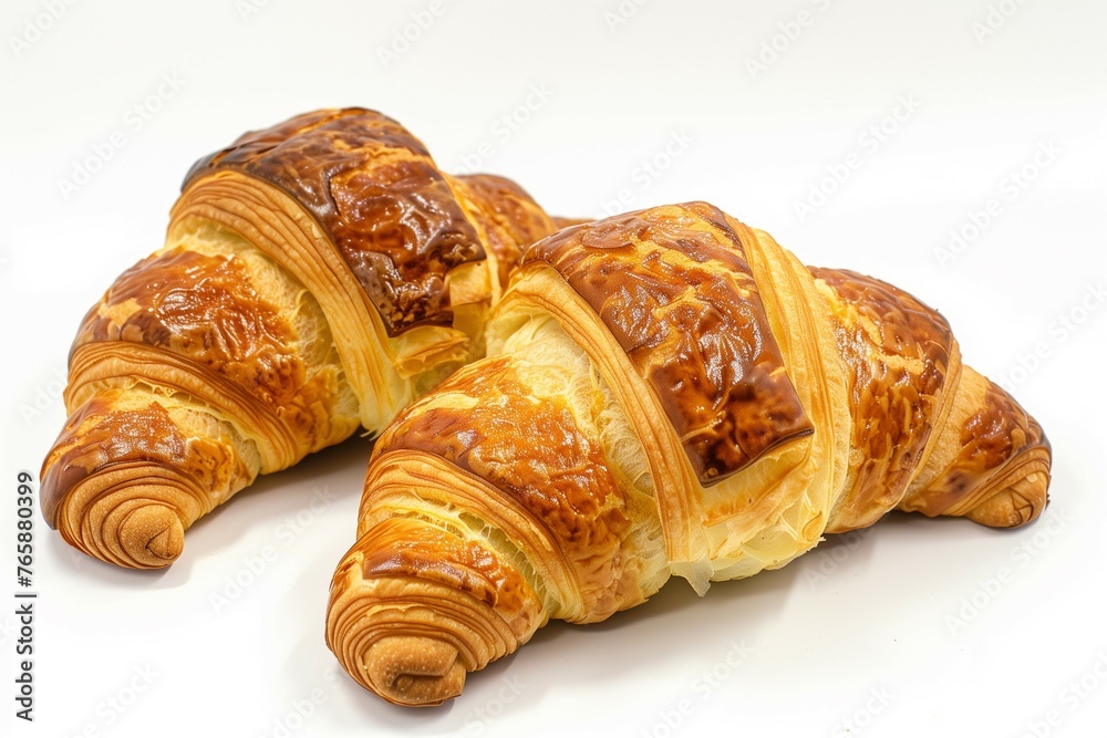 Two fresh croissants isolated on a white background.