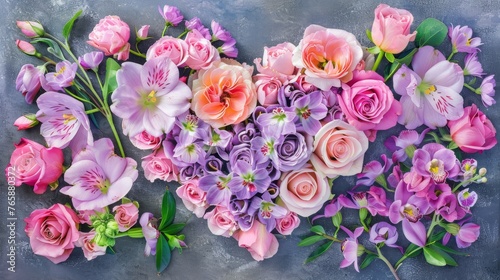 Wallpaper Mural  a bunch of flowers are arranged in the shape of the letter v on a gray background with green leaves and pink and purple flowers. Torontodigital.ca