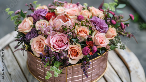  a basket filled with lots of flowers sitting on top of a wooden table on top of a wooden table top.