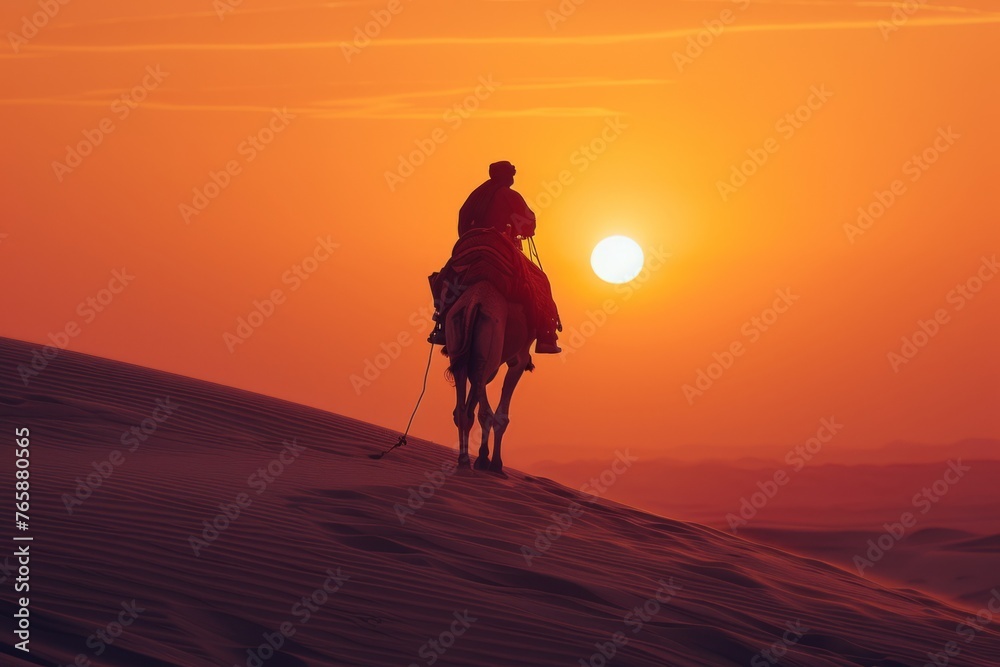 Dawn, desert and camel, dust with light Dawn, desert and camel, dust with light