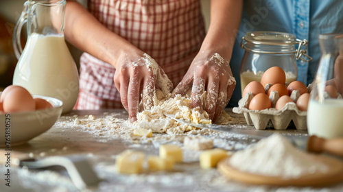 A child and adult knead dough together on a flour-dusted surface with baking ingredients around.