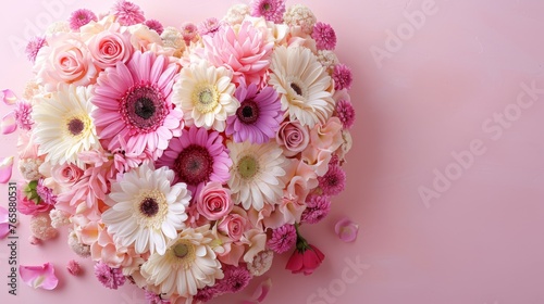  a heart - shaped arrangement of pink and white flowers on a pink background, with petals scattered all over it.