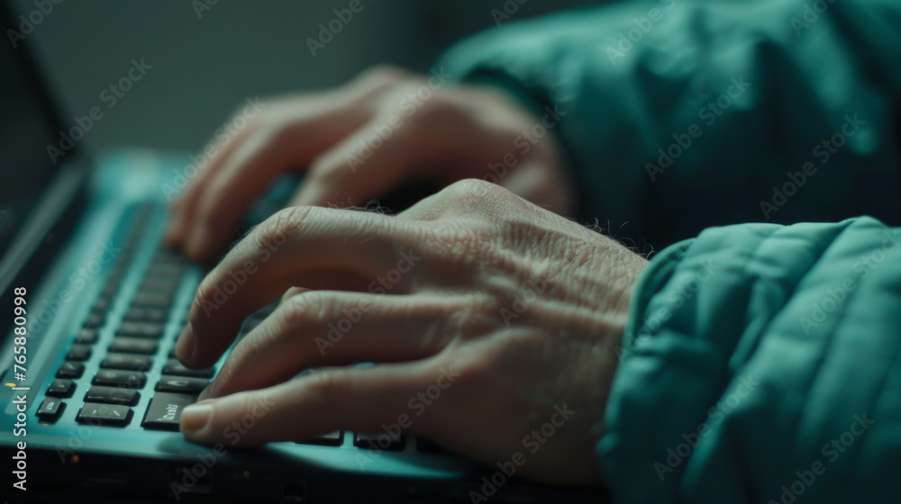 Close-up of hands typing on a backlit laptop keyboard in a dimly lit setting.