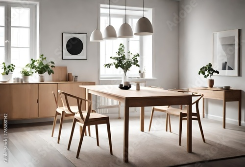 A sleek wooden dining table from Ikea adorned with minimalist decor  bathed in soft natural light
