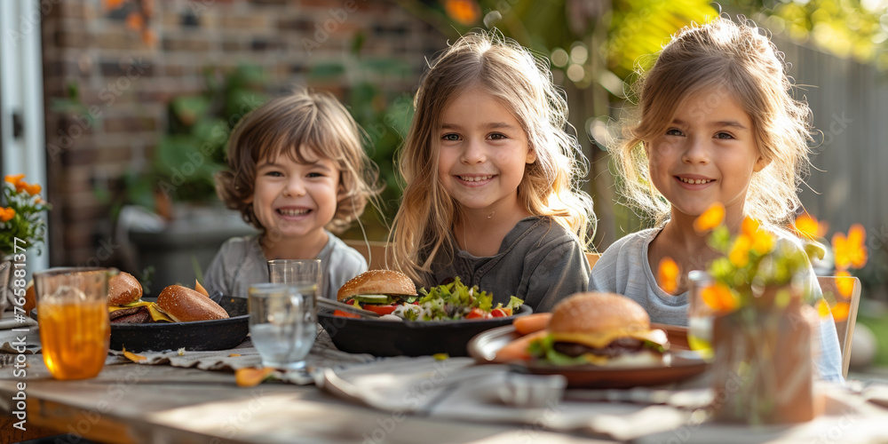 In the garden, children happily gather around a table for a cheerful lunch together. In the garden, children happily gather around a table for a cheerful lunch together.