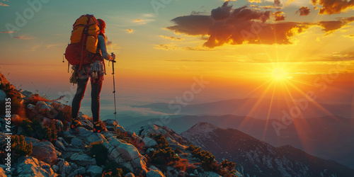 At the peak of a mountain, a hiker savors the freedom and stunning scenery at sunrise.
