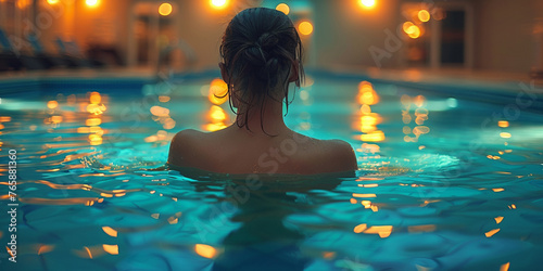 A young woman in a bikini pants enjoys a luxury spa pool swim.
