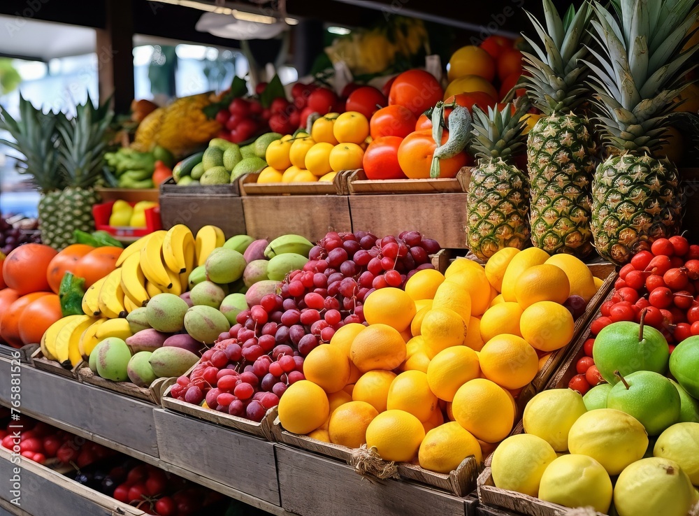 A vibrant display of fresh fruits including bananas, pineapples, and citrus at a market.