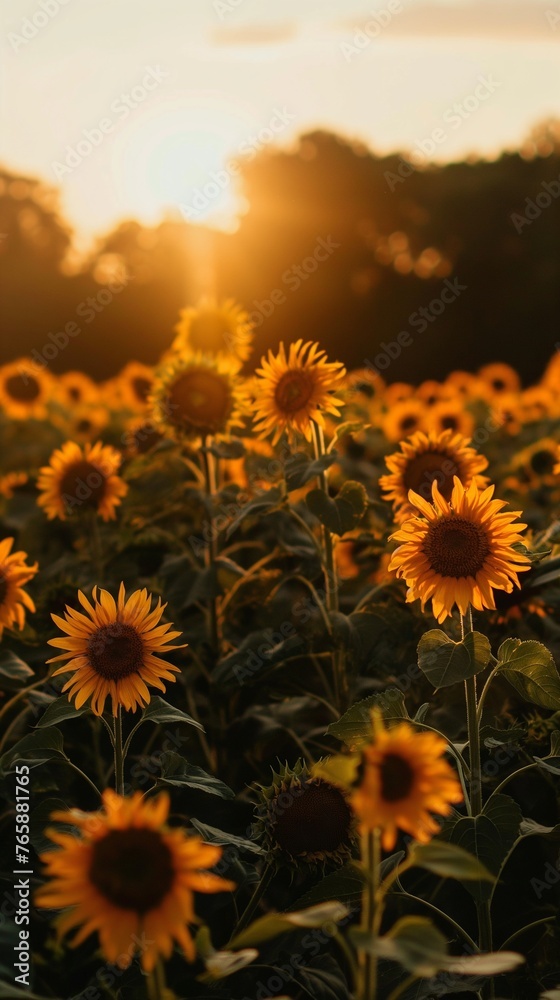 A field of sunflowers stretching towards the sun, their vibrant petals glowing in the golden hour light
