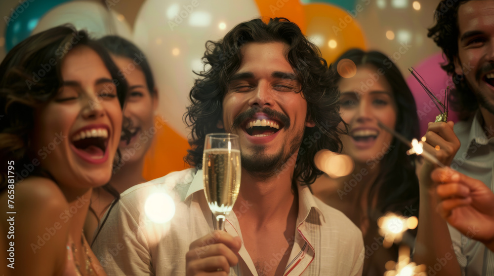 Joyful friends are toasting with champagne at a vibrant party.