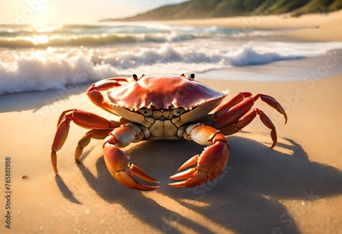 A crab scuttling across the golden sands of a tranquil beach, its shell gleaming in the sunlight as waves gently kiss the shore. © Muhammad Faizan