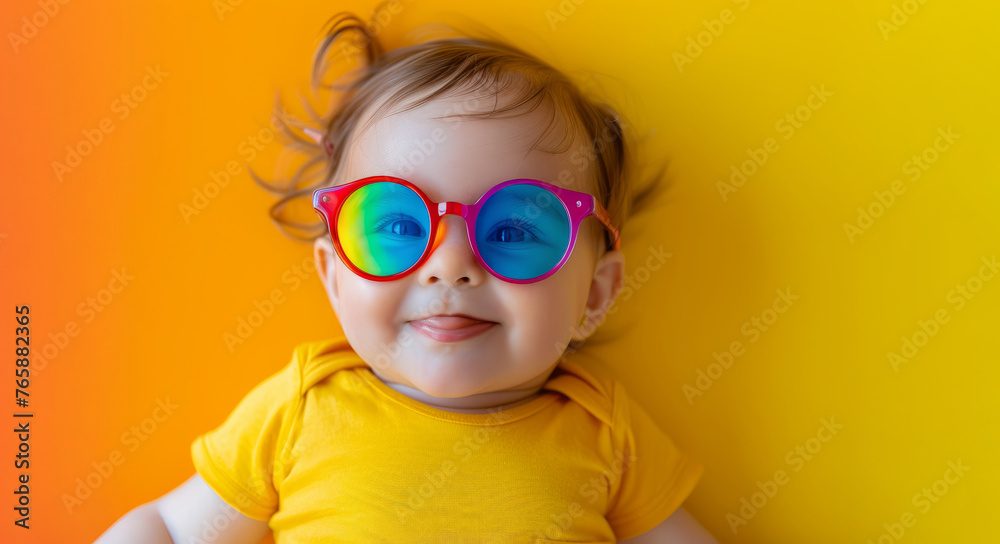 A baby wearing sunglasses and a yellow shirt. baby is smiling and looking at the camera. a playful mood. Picture of nice cheerful cute baby in big fashionable colorful glasses having fun good mood A baby wearing sunglasses and a yellow shirt. baby is smiling and looking at the camera. a playful mood. Picture of nice cheerful cute baby in big fashionable colorful glasses having fun good mood