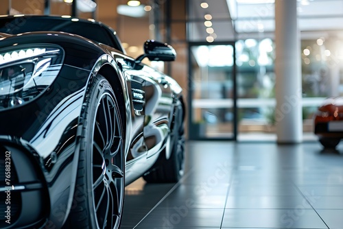 Closeup of a sleek black car parked in a luxury showroom highlighting the elegance and modernity of the vehicle. Concept Luxury Cars, Showroom Display, Black Car, Elegance, Modernity © Anastasiia