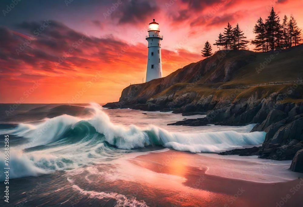 A picturesque lighthouse standing tall against the backdrop of a vibrant sunset, perfectly framed to grace your Mac wallpaper with natural beauty