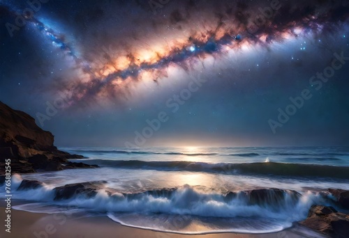 A mesmerizing view of starlight dancing over calm ocean waves under the Milky Way galaxy's ethereal glow.