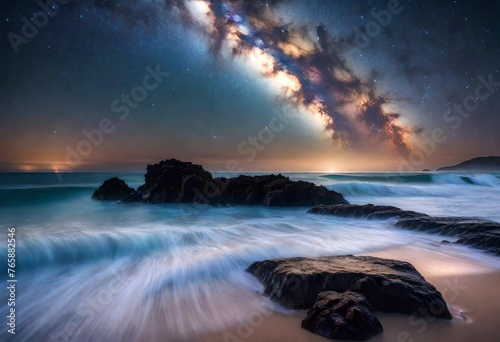 A mesmerizing view of starlight dancing over calm ocean waves under the Milky Way galaxy's ethereal glow.