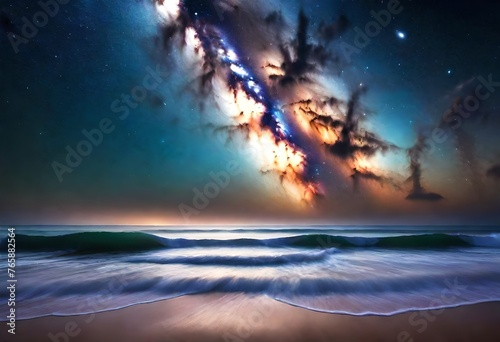 A mesmerizing view of starlight dancing over calm ocean waves under the Milky Way galaxy's ethereal glow.