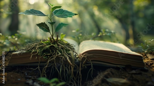 A book with roots growing out of it, symbolizing knowledge and growth