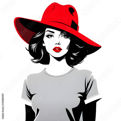 elegant woman wearing hat vector illustration - black and white stylized portrait of a beautiful girl with long hair. © Abde