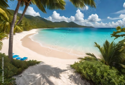 A pristine beach kissed by azure waves under the Caribbean sun, inviting serenity and relaxation. ai generative