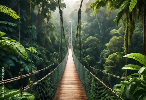 A suspension bridge spanning through the lush canopy of the rainforest in the heart of the Amazon, blending engineering marvel with natural beauty.