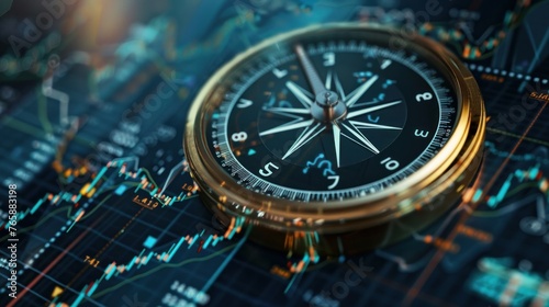 A compass with stock market indices instead of directions, financial guidance