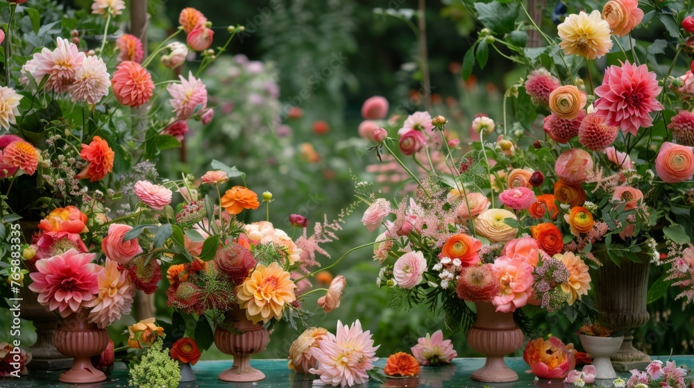  a group of vases filled with different types of flowers on a table in front of a field of flowers.