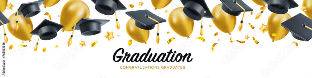 Vector illustration of graduate cap and flying golden air ballons. Caps thrown up and air ballons pattern. 3d style design of congratulation graduates 2024 class with graduation hat and word - obrazy, fototapety, plakaty 