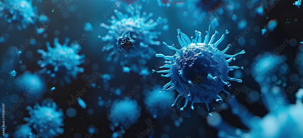 Floating blue virus shapes in a dark 3D rendered conceptual art - obrazy, fototapety, plakaty 
