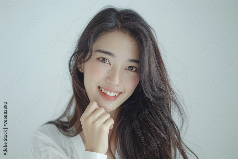 Fototapeta premium Portrait of a Radiant Korean Woman Smiling in a grey Studio Backdrop