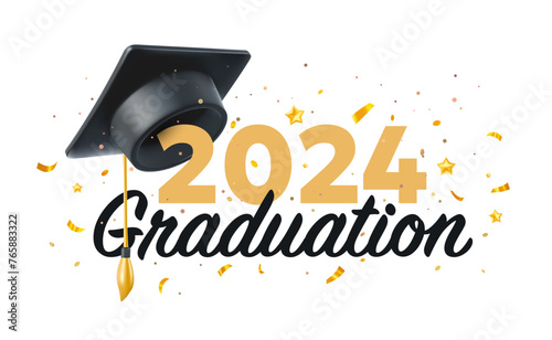 Vector illustration of graduate cap and word graduation on white background with number 2024. 3d style design of congratulation graduates 2024 class with graduation hat and congratulations word