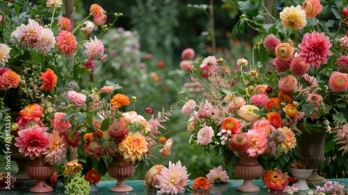  a group of vases filled with different types of flowers on a table in front of a field of flowers.