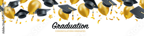 Vector illustration of graduate cap and flying golden air ballons. Caps thrown up and air ballons pattern. 3d style design of congratulation graduates 2024 class with graduation hat and word photo