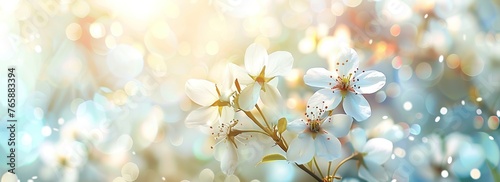 Delicate white blossoms banner under ethereal blue sky of spring