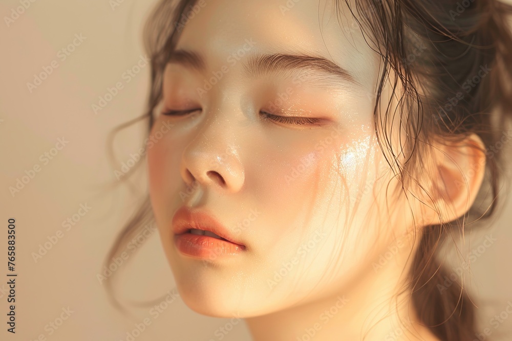 Asian woman with closed eyes on soft beige background highlighting natural make-up Asian woman with closed eyes on soft beige background highlighting natural make-up