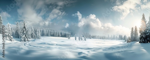 Tranquil Winter Scene: Snowy Panoramic View of Pine Forest