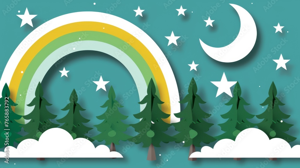 Fototapeta premium a paper cut out of a rainbow and trees with stars and the moon in the sky above the trees on a blue background.