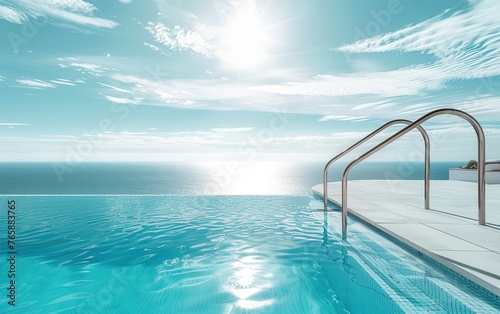 Infinity pool with a silver ladder and a stunning view of the sun and sea