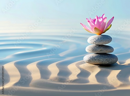 Balanced stack of smooth stones with a pink lotus flower on sand