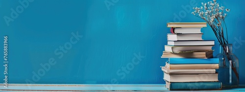 Blue background highlights a stack of books on an empty desk