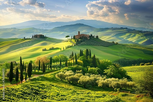 ypical Tuscany landscape with hills and cypresses