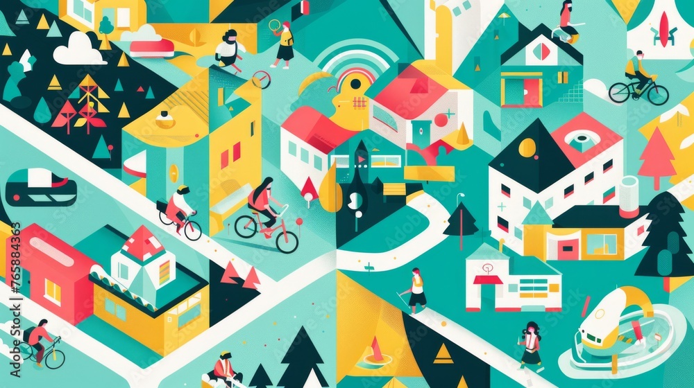 a map of a city with a lot of buildings and people riding bikes on the streets and houses on the other side of the street. a map of a city with a lot of buildings and people riding bikes on the streets and houses on the other side of the street.