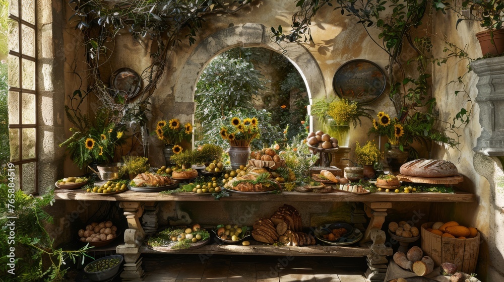  a table filled with lots of food next to a wall covered in plants and sunflowers and potted plants.