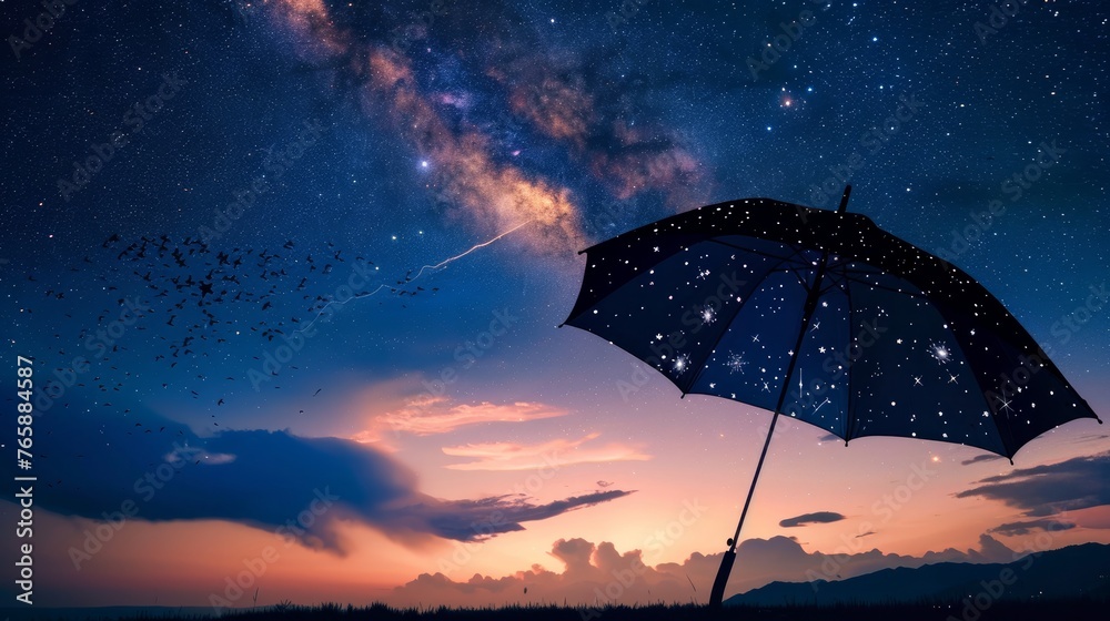 An umbrella catching falling stars from the night sky