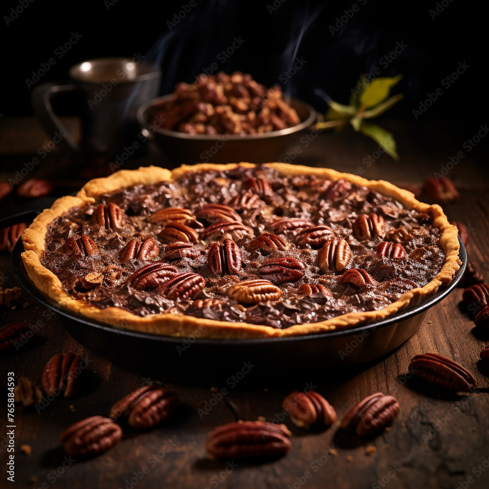 shot of a fresh out of the oven Chocolate Bourbon Pecan pie created with Generative Ai shot of a fresh out of the oven Chocolate Bourbon Pecan pie created with Generative Ai