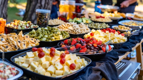  a table topped with lots of trays filled with different types of food next to a table full of plates of food.