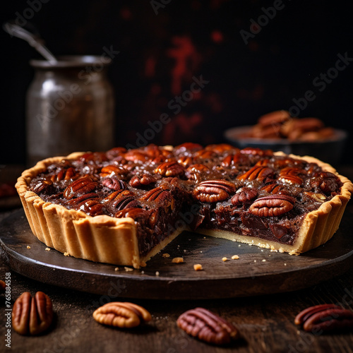 shot of a fresh out of the oven Chocolate Bourbon Pecan pie created with Generative Ai