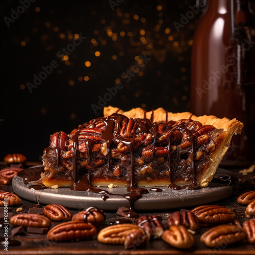 shot of a fresh out of the oven Chocolate Bourbon Pecan pie created with Generative Ai