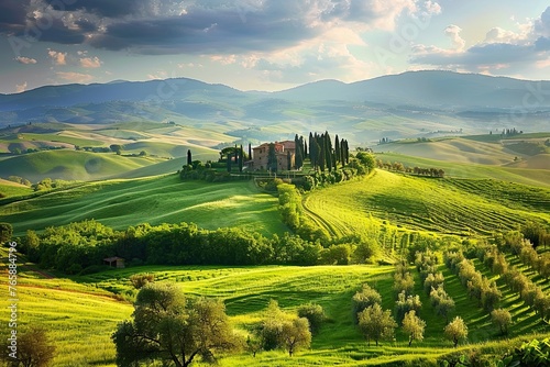 ypical Tuscany landscape with hills and cypresses