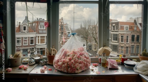  a plastic bag filled with pink flowers sitting on top of a counter next to a window filled with lots of windows.